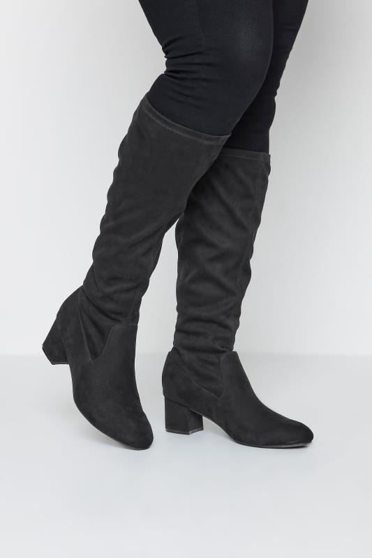 Plus Size  Yours Black Faux Suede Stretch Back Knee High Boots In Wide E Fit & Extra Wide EEE Fit