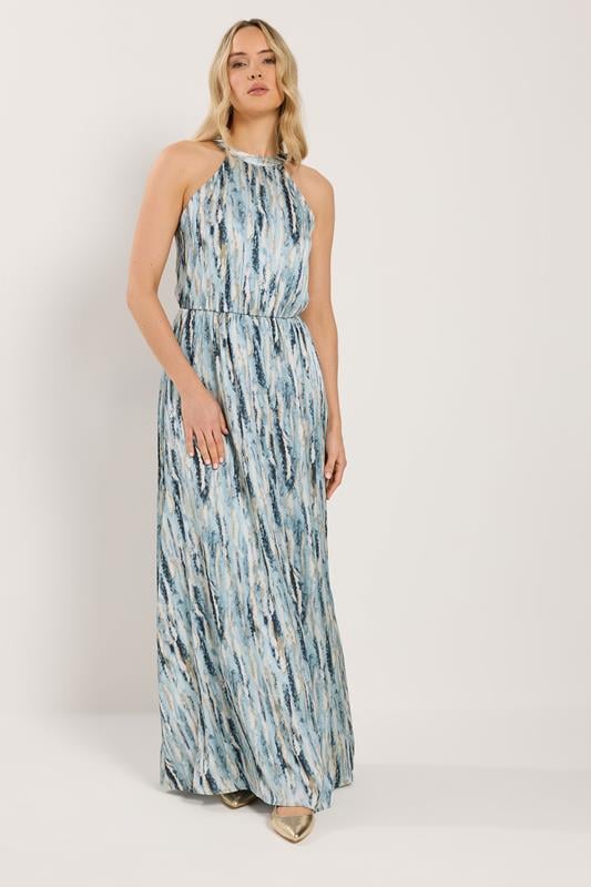 LTS Tall Women's Blue Abstract Satin Halter Neck Dress | Long Tall Sally 1
