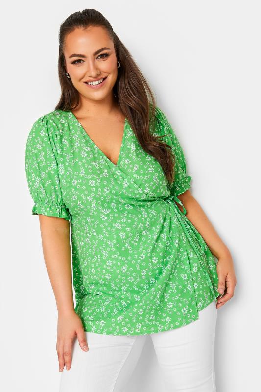 YOURS Plus Size Green Floral Print Wrap Top | Yours Clothing 1