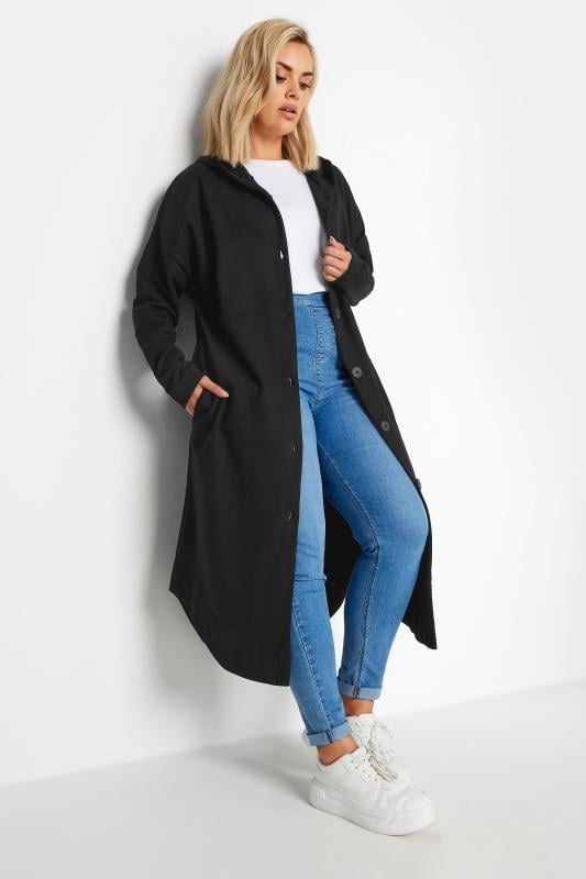 Plus Size  YOURS Curve Black Button Through Hooded Maxi Jacket