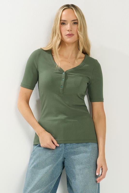 LTS Tall Green Ribbed Short Sleeve Henley Top