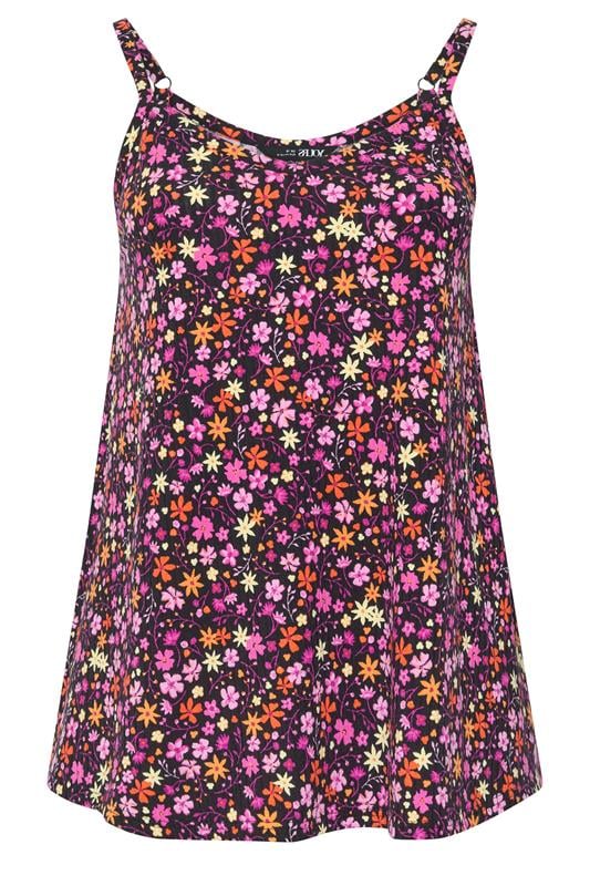 YOURS Plus Size Black & Pink Floral Ribbed Swing Vest Top | Yours Clothing 1