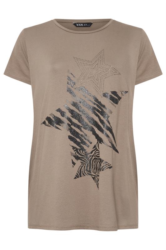 YOURS Plus Size Beige Brown Glitter Star Print T-Shirt | Yours Clothing 5