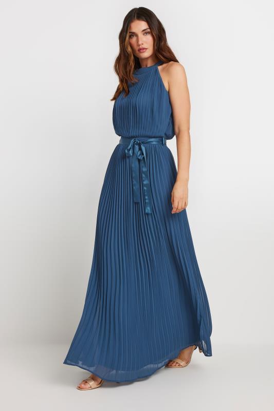 LTS Tall Women's Blue Halterneck Pleated Maxi Dress | Long Tall Sally 1