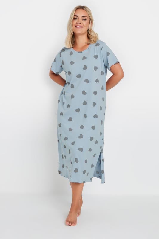 YOURS Plus Size Light Blue Heart Print Midaxi Nightdress | Yours Clothing 1