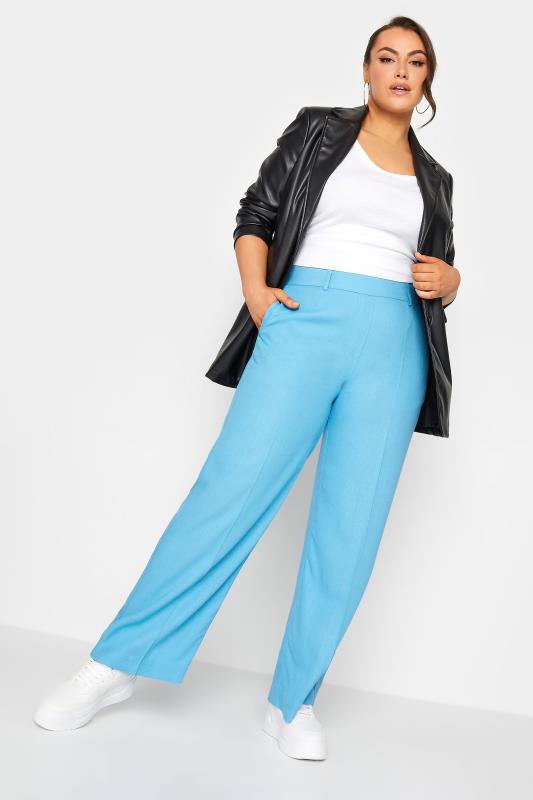 YOURS Plus Size Blue Linen Wide Leg Trousers | Yours Clothing  2