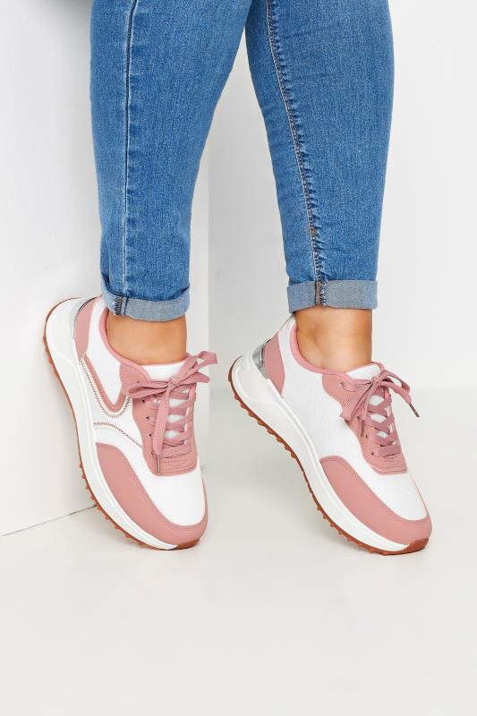 White & Pink Contrast Chunky Trainers In Wide E Fit | Yours Clothing 1