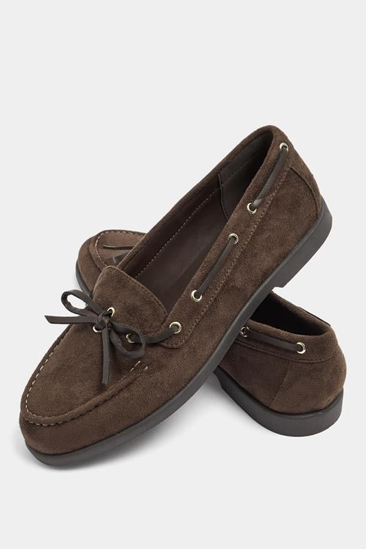 Brown Faux Suede Bow Boat Shoes In Wide E Fit | Yours Clothing 4
