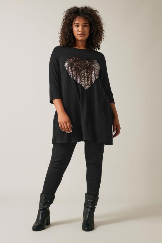 EVANS Plus Size Black Sequin Embellished Heart Top | Evans  3