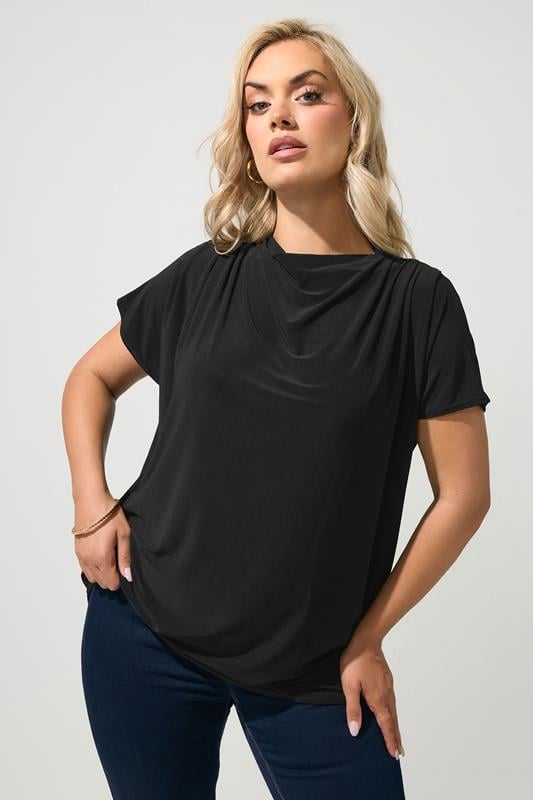 YOURS LONDON Curve Black Pleated Shoulder Top
