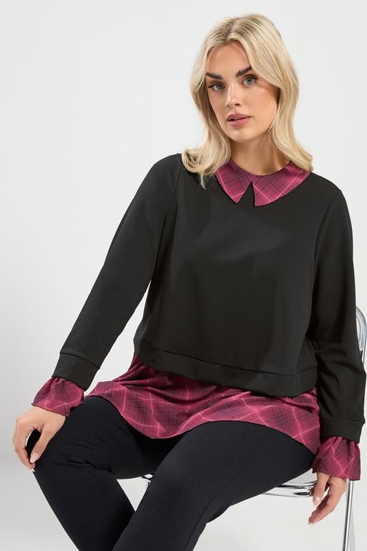 Plus Size  YOURS Curve Black & Burgundy Red Check 2-In-1 Peplum Top