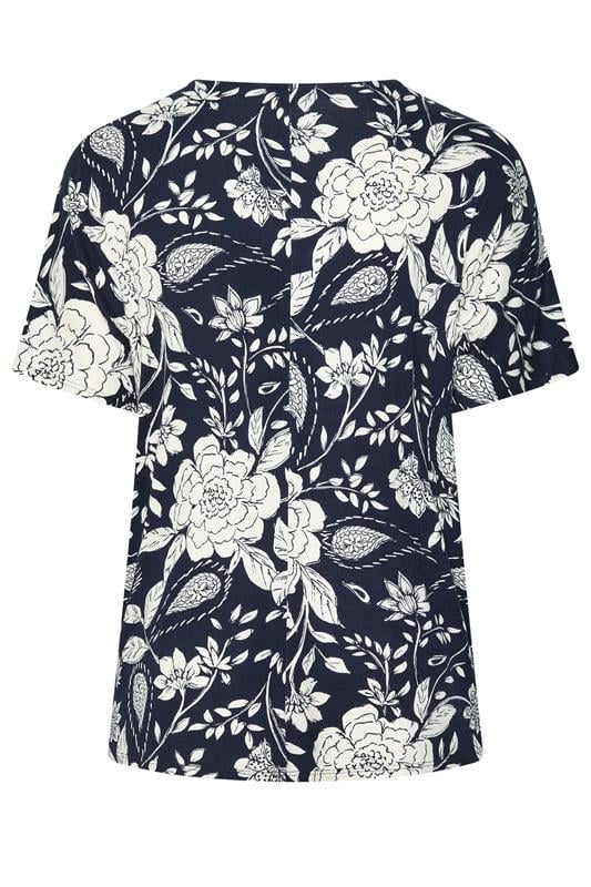 YOURS Plus Size Navy Blue Floral Print Pleat Front Top | Yours Clothing 6