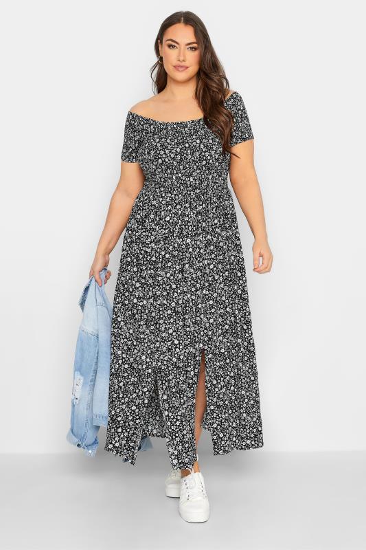 Plus Size Black Floral Shirred Bardot Maxi Dress | Yours Clothing 1