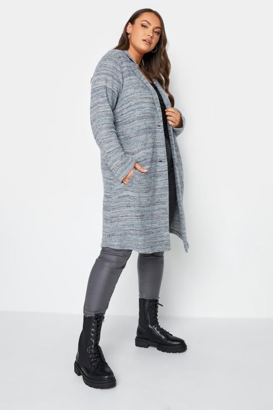 YOURS LUXURY Plus Size Blue Marl Button Front Midi Jacket | Yours Clothing 1