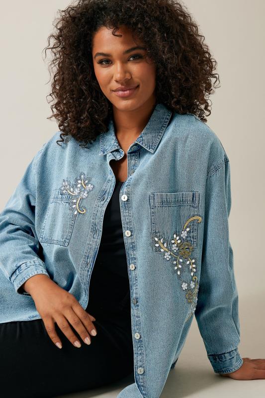 EVANS Plus Size Blue Denim Sequin Embellished Shirt | Evans 6