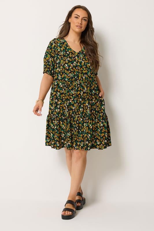 YOURS Plus Size Black Floral Tiered Mini Smock Dress | Yours Clothing 1
