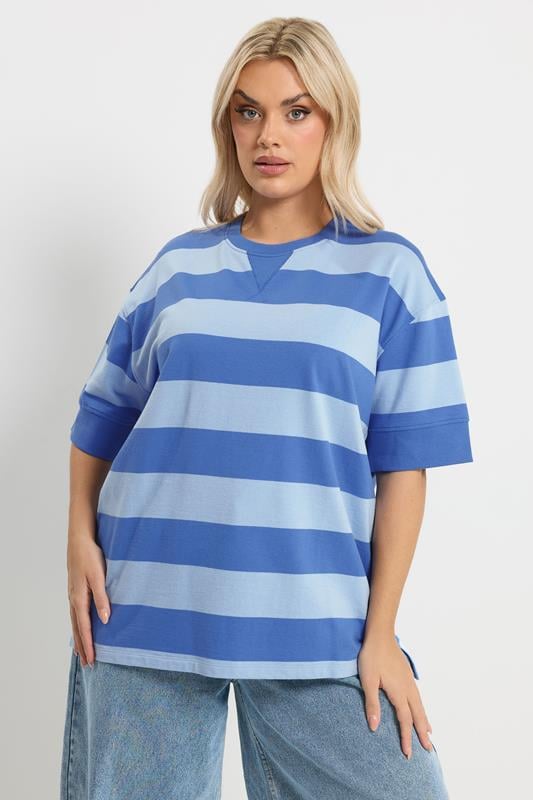 YOURS Curve Blue Stripe Heavyweight T-Shirt
