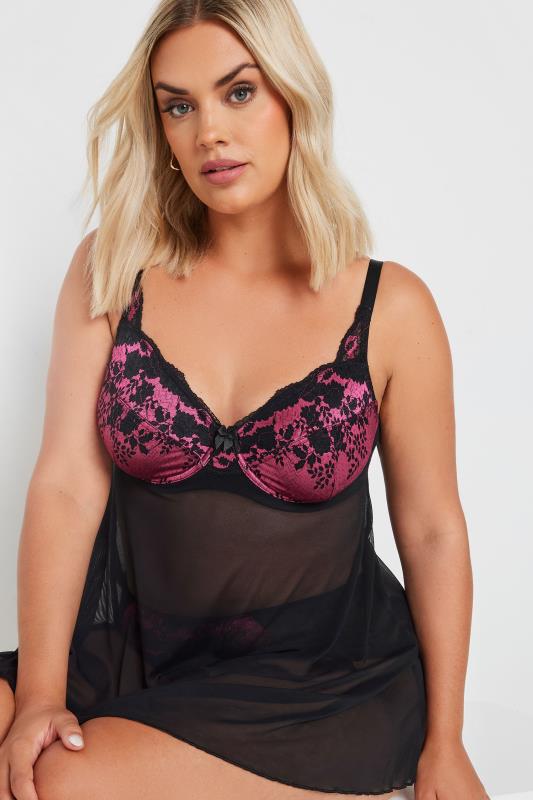 YOURS Plus Size Black & Pink Lace Underwired Babydoll | Yours Clothing 4