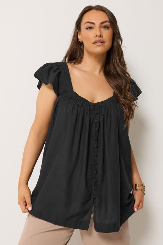 YOURS Curve Black Linen Cap Sleeve Top
