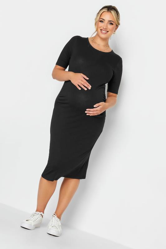 BUMP IT UP MATERNITY Plus Size Black Short Sleeve Midi Dress | Yours Clothing  1