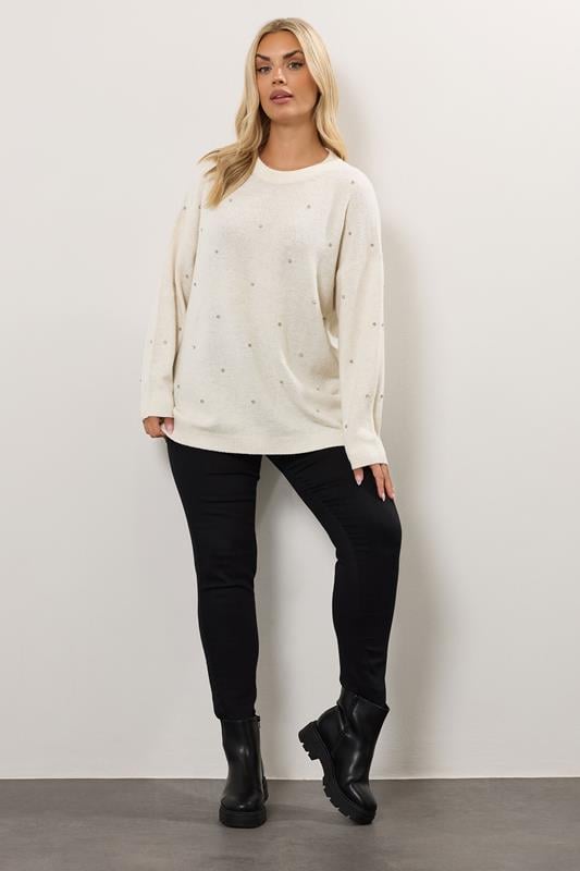 YOURS Plus Size Ivory White Embellished Front Jumper | Yours Clothing 1