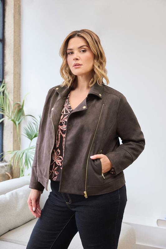 Plus Size  EVANS Curve Chocolate Brown Faux Suede Biker Jacket
