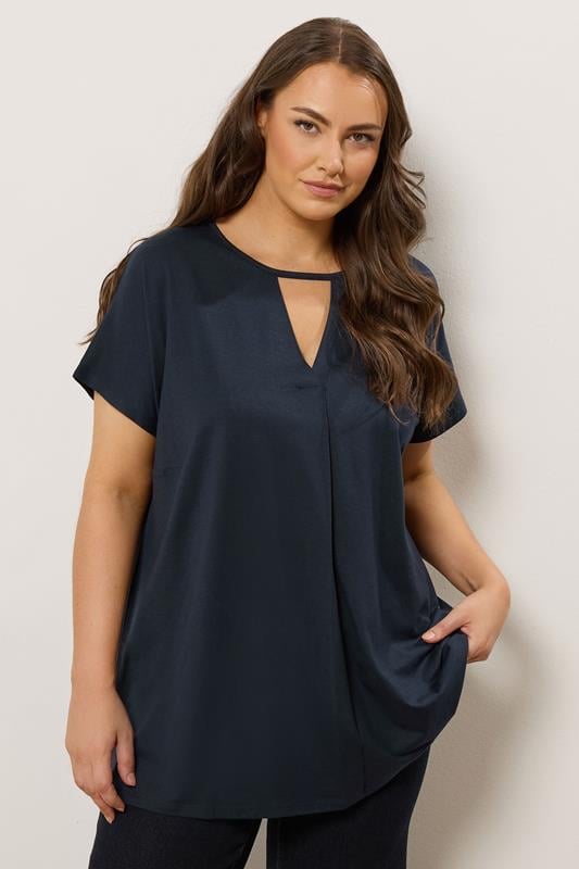 Plus Size  EVANS Curve Navy Blue Keyhole Front Pleat Top