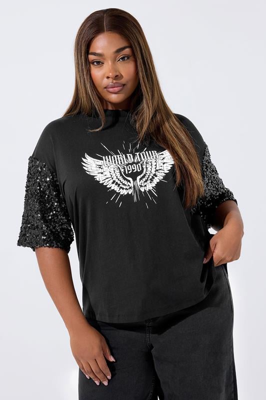 Plus Size  LIMITED COLLECTION Curve Black Sequin 'World Tour' Graphic T-Shirt