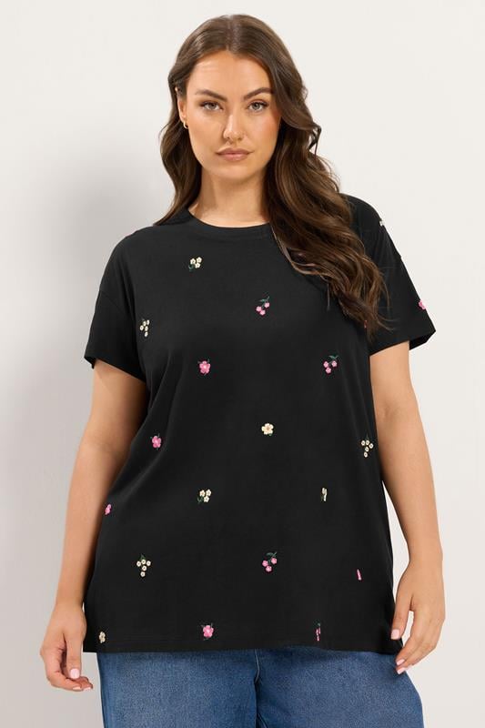 YOURS Plus Size Black Embroidery Blossom T-Shirt | Yours Clothing 1
