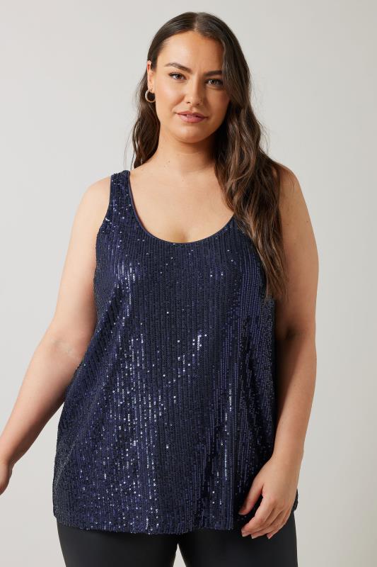 EVANS Plus Size Navy Blue Sequin Embellished Vest Top | Evans  1