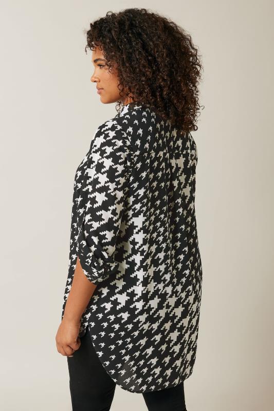 EVANS Plus Size Black Dogtooth Print Tab Sleeve Shirt | Evans 3