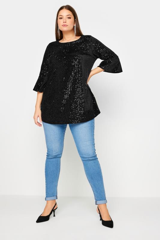 YOURS Plus Size Black Sequin Embellished Velvet Top | Yours Clothing 3