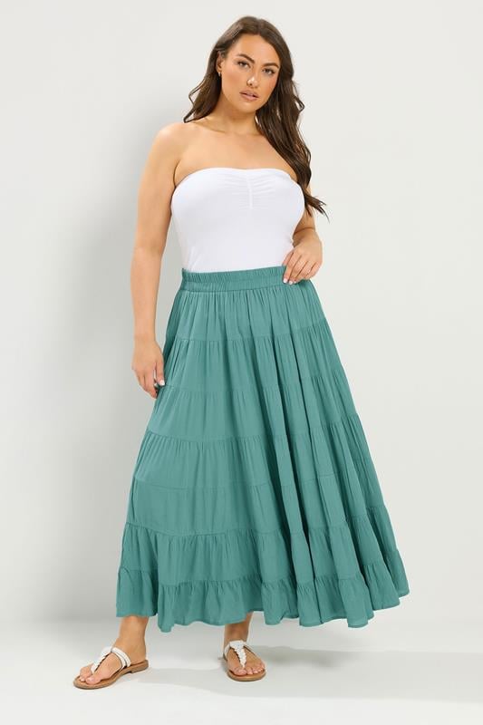 YOURS Plus Size Teal Green Tiered Maxi Skirt | Yours Clothing 1