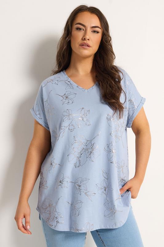  YOURS Curve Blue Floral Foil Notch Neck Top