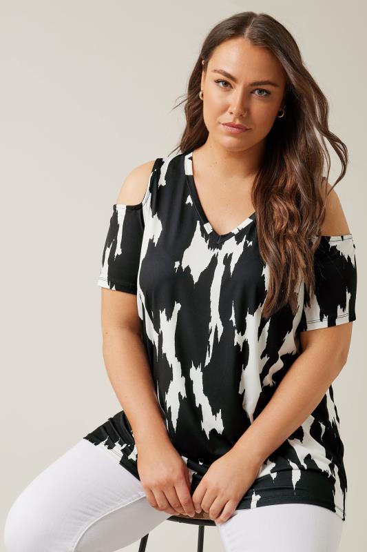 EVANS Plus Size Black Abstract Print Cold Shoulder Top | Evans 4