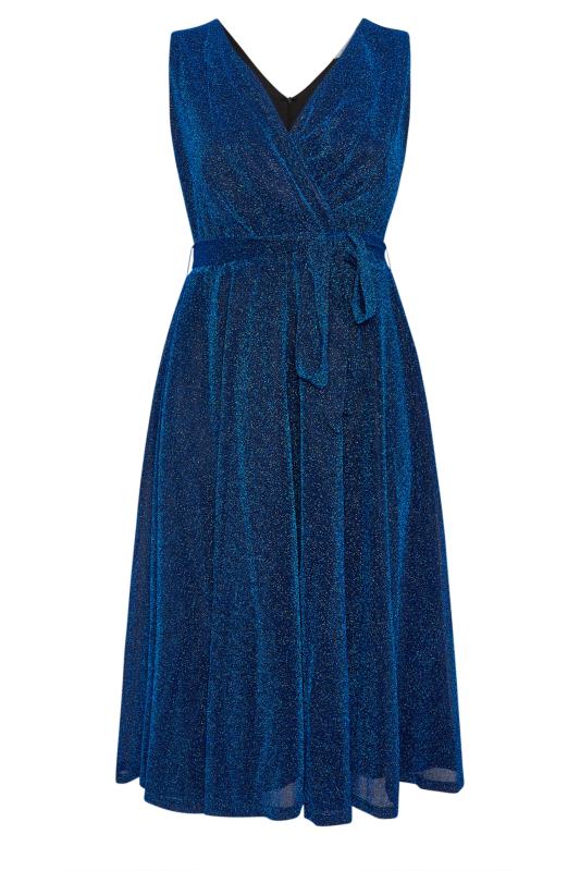 YOURS LONDON Plus Size Blue Metallic Wrap Skater Dress | Yours Clothing 6