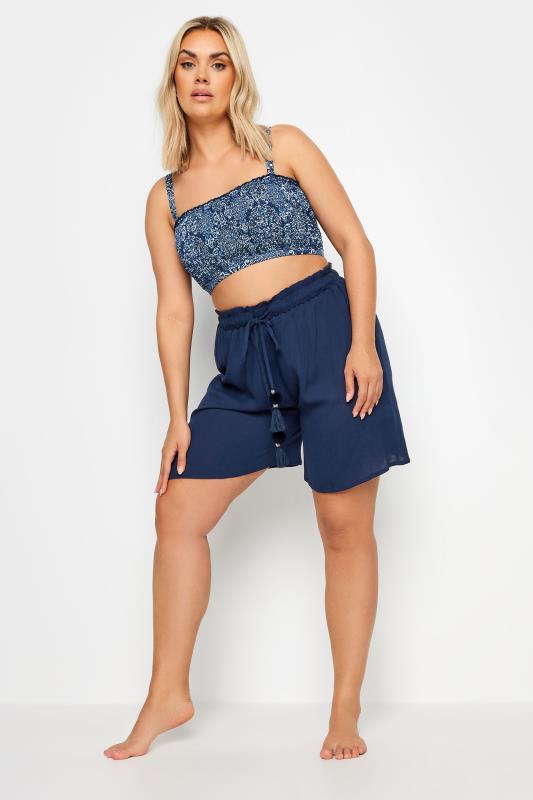 YOURS Plus Size Navy Blue Textured Tassel Detail Beach Short | Yours Clothing 2