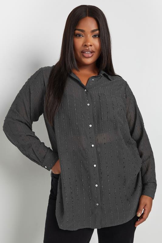 YOURS Plus Size Charcoal Grey Sheer Textured Shirt | Yours Clothing  1