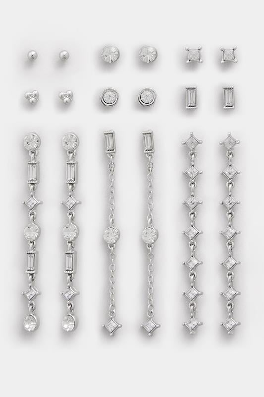 9 PACK Silver Tone Diamante Mixed Earring Set | Yours Clothing 1
