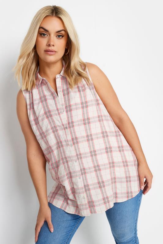YOURS Plus Size Pink Check Sleeveless Shirt | Yours Clothing 1