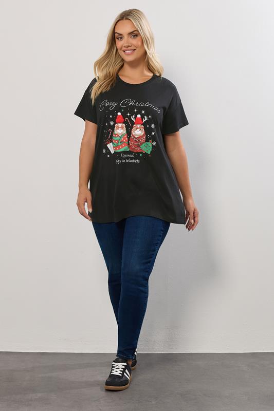 YOURS Plus Size Black Glitter 'Cosy Christmas' Guinea Pig Novelty T-Shirt | Yours Clothing 2