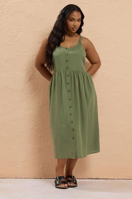 YOURS Plus Size Khaki Green Button Through Linen Sundress | Yours Clothing 1