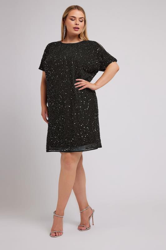 Plus Size LUXE Curve Black Sequin Hand Embellished Cold Shoulder Cape Dress | Yours Clothing 3