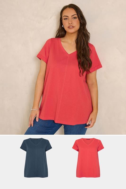  EVANS 2 Pack Curve Red & Navy Blue Cotton T-Shirts