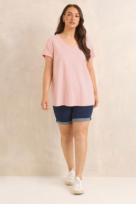 EVANS Plus Size Blush Pink V-Neck Cotton T-Shirt | Evans 1
