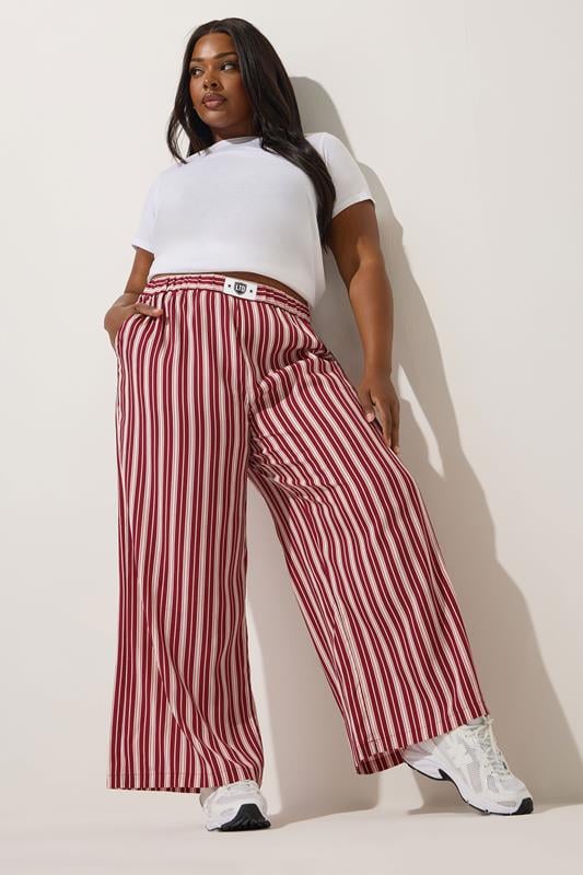 LIMITED COLLECTION Plus Size Dark Pink Stripe Boxer Waist Trousers | Yours Clothing 1