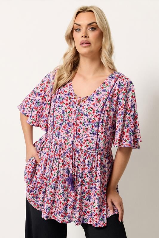  YOURS Curve Ditsy Pink Tie Neck Top