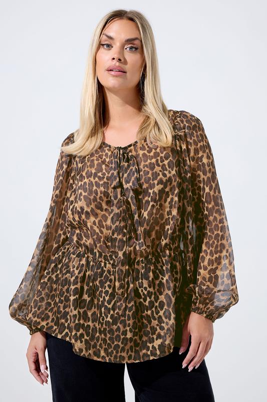 LIMITED COLLECTION Plus Size Brown Leopard Bow Tie Front Blouse | Yours Clothing 1