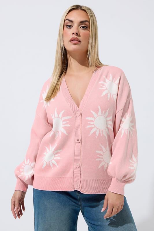 LIMITED COLLECTION Plus Size Pink Sun Balloon Sleeve Knitted Cardigan | Yours Clothing 1