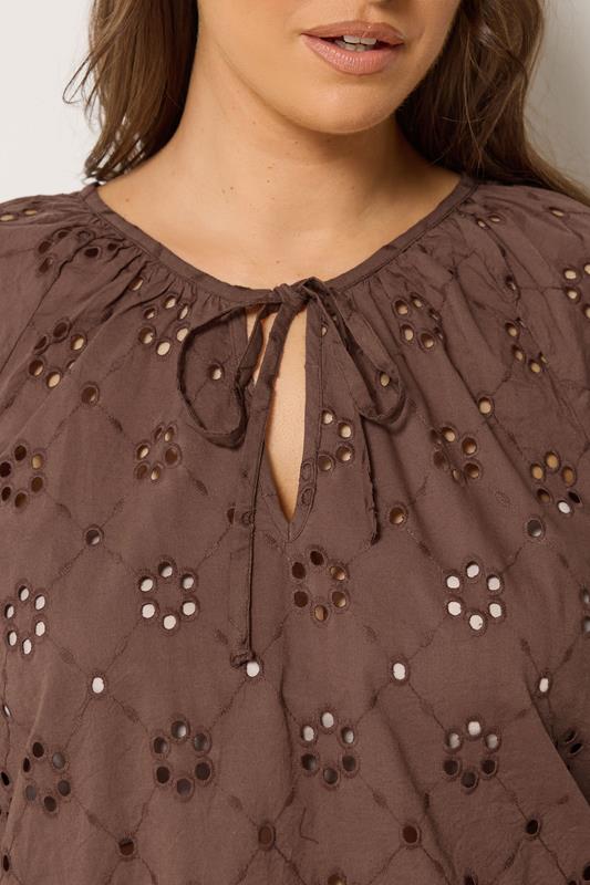 YOURS Curve Chocolate Brown Floral Broderie Anglaise Top | Yours Clothing 4